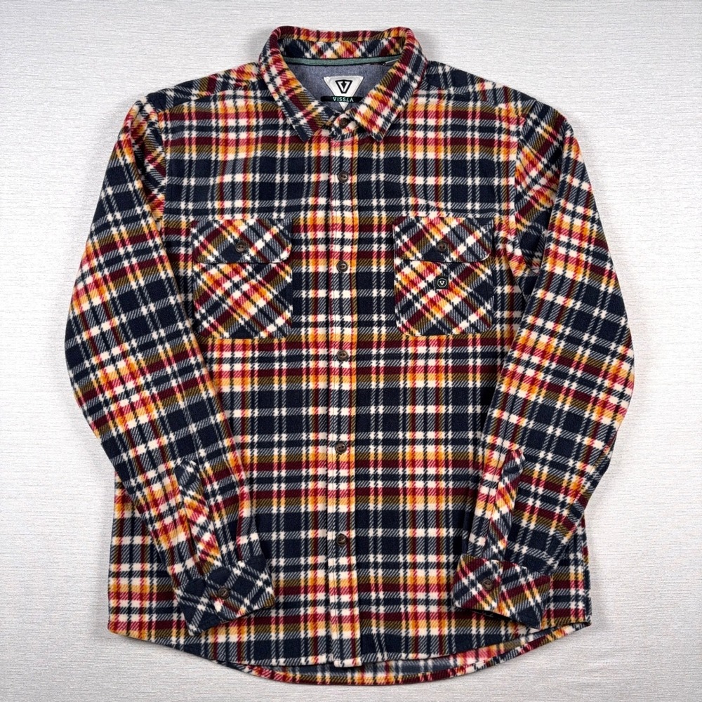 Vissla Eco ZY Polar Flannel Shirt Mens Size L Blue Red Orange Polyester Fleece - Picture 2 of 10
